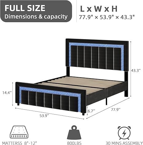 HOMBCK Full Size Bed Frame with LED Lights and Velvet Upholstered Headboard, Bed Frame Full with Modern Diamond Headboard Adjustable, Wooden Slats Support, Noise Free, No Box Spring Needed, Black