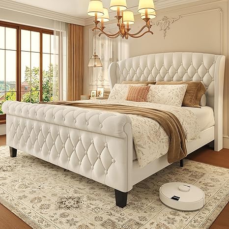 HISOFT Queen Bed Frame, 39" Tall Velvet Upholstered Sleigh Bed with Wingback Headboard & Scroll Footboard, No Box Spring Needed, Sturdy Support, Easy Assembly, Noise Free, Button Tufted, White