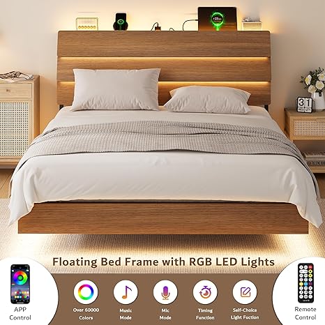 iPormis Floating Queen Metal Bed Frame with LED Lights & Charging Station, Platform Bed with Wooden Storage Headboard, Sturdy Steel Slats, No Box Spring Needed, Easy Assembly, Noise-Free, Walnut