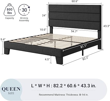 Allewie Queen Size Platform Bed Frame with Fabric Upholstered Headboard and Wooden Slats Support, Fully Upholstered Mattress Foundation/No Box Spring Needed/Easy Assembly, Dark Grey