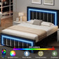HOMBCK Full Size Bed Frame with LED Lights and Velvet Upholstered Headboard, Bed Frame Full with Modern Diamond Headboard Adjustable, Wooden Slats Support, Noise Free, No Box Spring Needed, Black