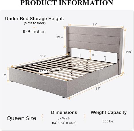 SHA CERLIN Queen Size Lift Up Storage Bed/Modern Wingback Headboard/Upholstered Platform Bed Frame/Hydraulic Storage/No Box Spring Needed/Wood Slats Support/Light Beige