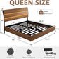 iPormis Floating Queen Metal Bed Frame with LED Lights & Charging Station, Platform Bed with Wooden Storage Headboard, Sturdy Steel Slats, No Box Spring Needed, Easy Assembly, Noise-Free, Walnut