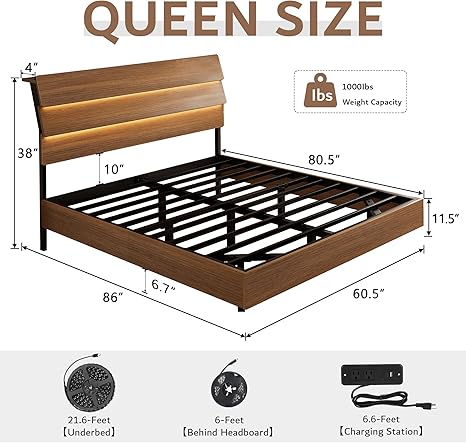 iPormis Floating Queen Metal Bed Frame with LED Lights & Charging Station, Platform Bed with Wooden Storage Headboard, Sturdy Steel Slats, No Box Spring Needed, Easy Assembly, Noise-Free, Walnut
