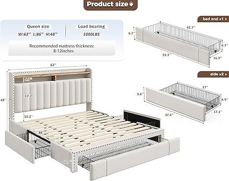 EnHomee Queen Bed Frame with 3 Storage Drawers, Platform Bed Frame and 2-Tier Storage Headboard, Mattress Foundation with Wooden Slats Support, No Box Spring Needed, Beige