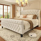 HISOFT Queen Bed Frame, 39" Tall Velvet Upholstered Sleigh Bed with Wingback Headboard & Scroll Footboard, No Box Spring Needed, Sturdy Support, Easy Assembly, Noise Free, Button Tufted, White