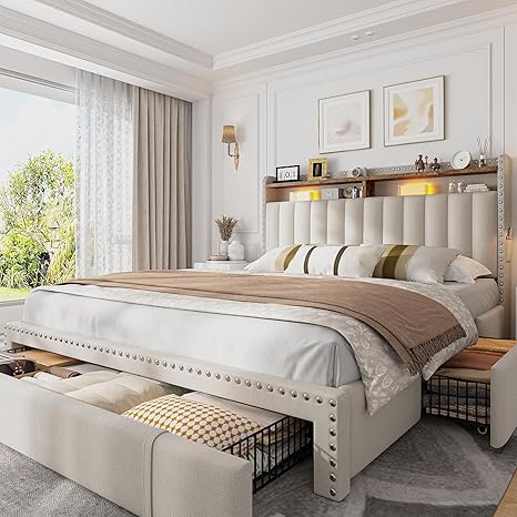 EnHomee Queen Bed Frame with 3 Storage Drawers, Platform Bed Frame and 2-Tier Storage Headboard, Mattress Foundation with Wooden Slats Support, No Box Spring Needed, Beige