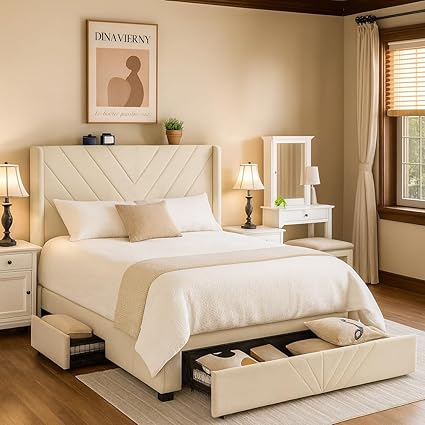COMHOMA Queen Bed Frame with Headboard and USB & Type-C Charging Ports,Storage Drawers,Modern Upholstered Platform Frames with Padded Headboard, Heavy Duty Structure,No Box Spring Needed,White
