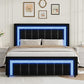 HOMBCK Full Size Bed Frame with LED Lights and Velvet Upholstered Headboard, Bed Frame Full with Modern Diamond Headboard Adjustable, Wooden Slats Support, Noise Free, No Box Spring Needed, Black