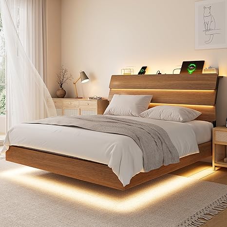 iPormis Floating Queen Metal Bed Frame with LED Lights & Charging Station, Platform Bed with Wooden Storage Headboard, Sturdy Steel Slats, No Box Spring Needed, Easy Assembly, Noise-Free, Walnut